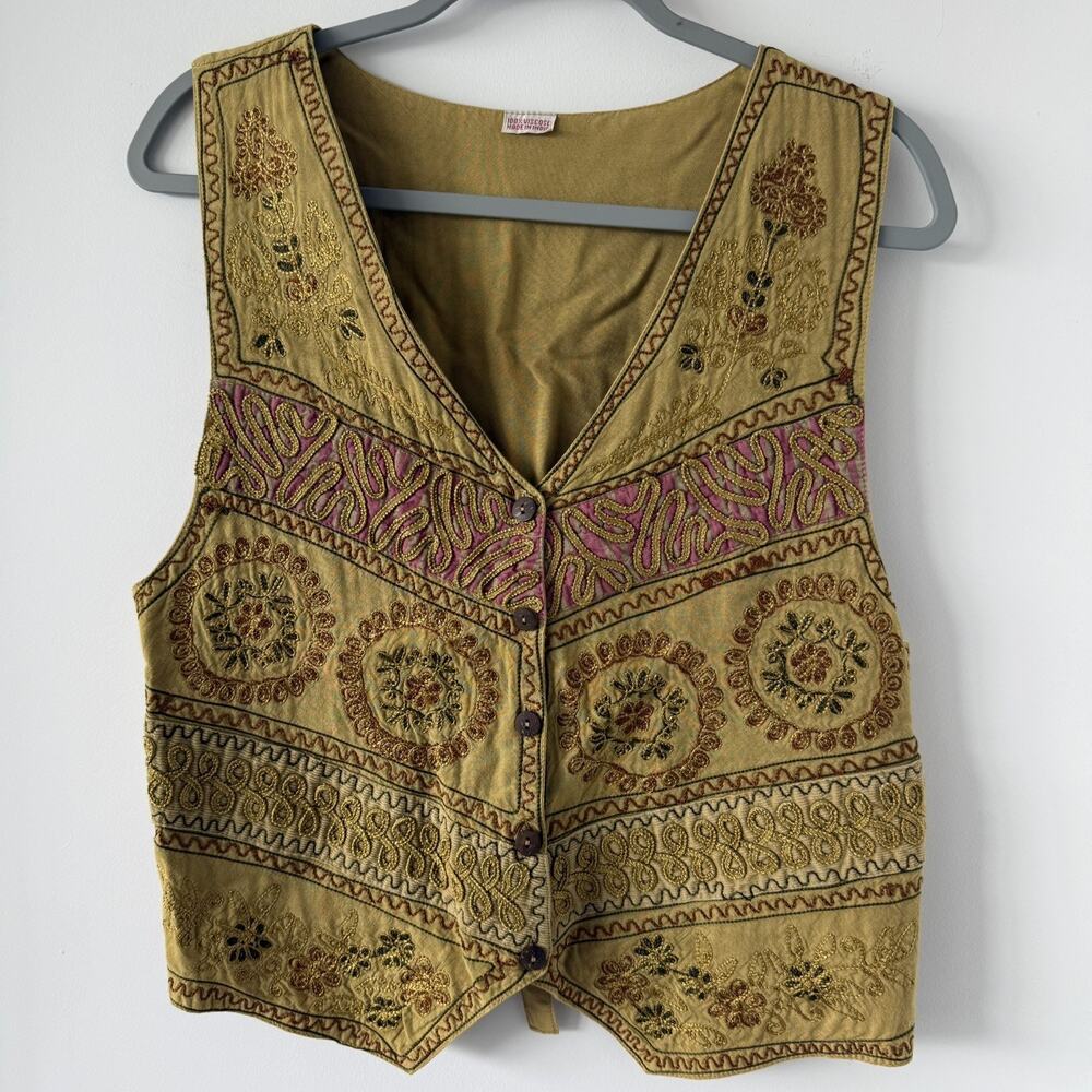 Boho Embroidered Festival Vest Mustard Gold Floral Tapestry Indie Top‎ Women